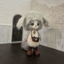 うさ耳帽子のごーぐるにゃんこ 羊毛フェルト ねこ　ぬいぐるみ　ミント 6枚目の画像