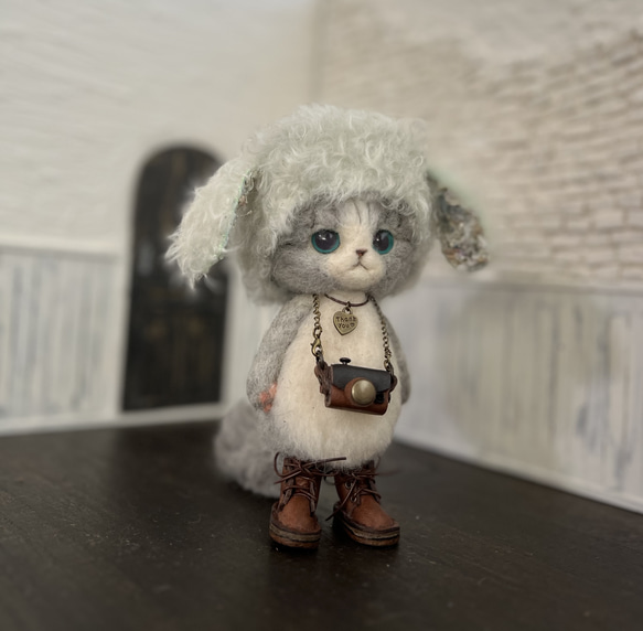 うさ耳帽子のごーぐるにゃんこ 羊毛フェルト ねこ　ぬいぐるみ　ミント 6枚目の画像