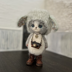 うさ耳帽子のごーぐるにゃんこ 羊毛フェルト ねこ　ぬいぐるみ　ミント 5枚目の画像