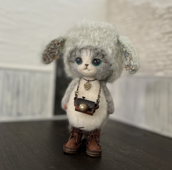 うさ耳帽子のごーぐるにゃんこ 羊毛フェルト ねこ　ぬいぐるみ　ミント 5枚目の画像