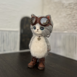 うさ耳帽子のごーぐるにゃんこ 羊毛フェルト ねこ　ぬいぐるみ　ミント 11枚目の画像