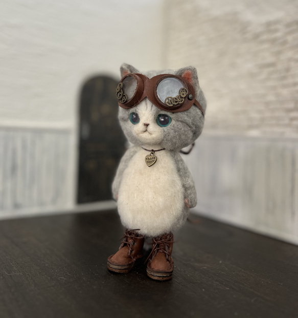 うさ耳帽子のごーぐるにゃんこ 羊毛フェルト ねこ　ぬいぐるみ　ミント 11枚目の画像