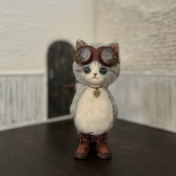 うさ耳帽子のごーぐるにゃんこ 羊毛フェルト ねこ　ぬいぐるみ　ミント 9枚目の画像
