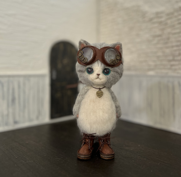 うさ耳帽子のごーぐるにゃんこ 羊毛フェルト ねこ　ぬいぐるみ　ミント 9枚目の画像