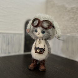 うさ耳帽子のごーぐるにゃんこ 羊毛フェルト ねこ　ぬいぐるみ　ミント 4枚目の画像