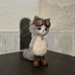 うさ耳帽子のごーぐるにゃんこ 羊毛フェルト ねこ　ぬいぐるみ　ミント 10枚目の画像