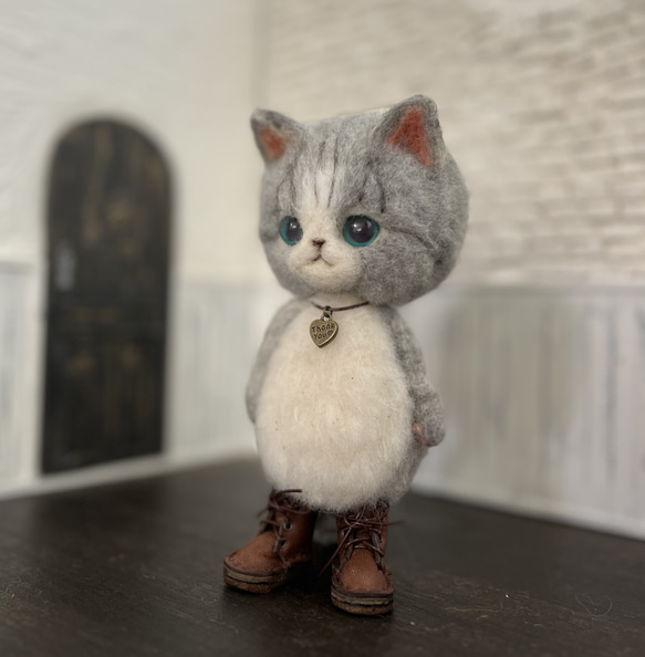うさ耳帽子のごーぐるにゃんこ 羊毛フェルト ねこ　ぬいぐるみ　ミント 13枚目の画像