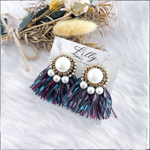 ビーズ刺繍/カラフル/フリンジ/パール/ゴールド/個性的/大ぶりピアスor