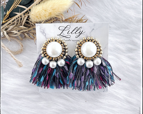 新作⭐カラフルフリンジブルーピアスイヤリング大ぶりシェルマーブル