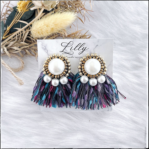 ビーズ刺繍/カラフル/フリンジ/パール/ゴールド/個性的/大ぶりピアスor