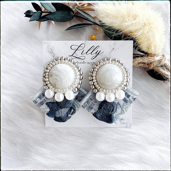 インド刺繍リボン/ブルー/パール/ビーズ刺繍/マーブル/大ぶりピアスor