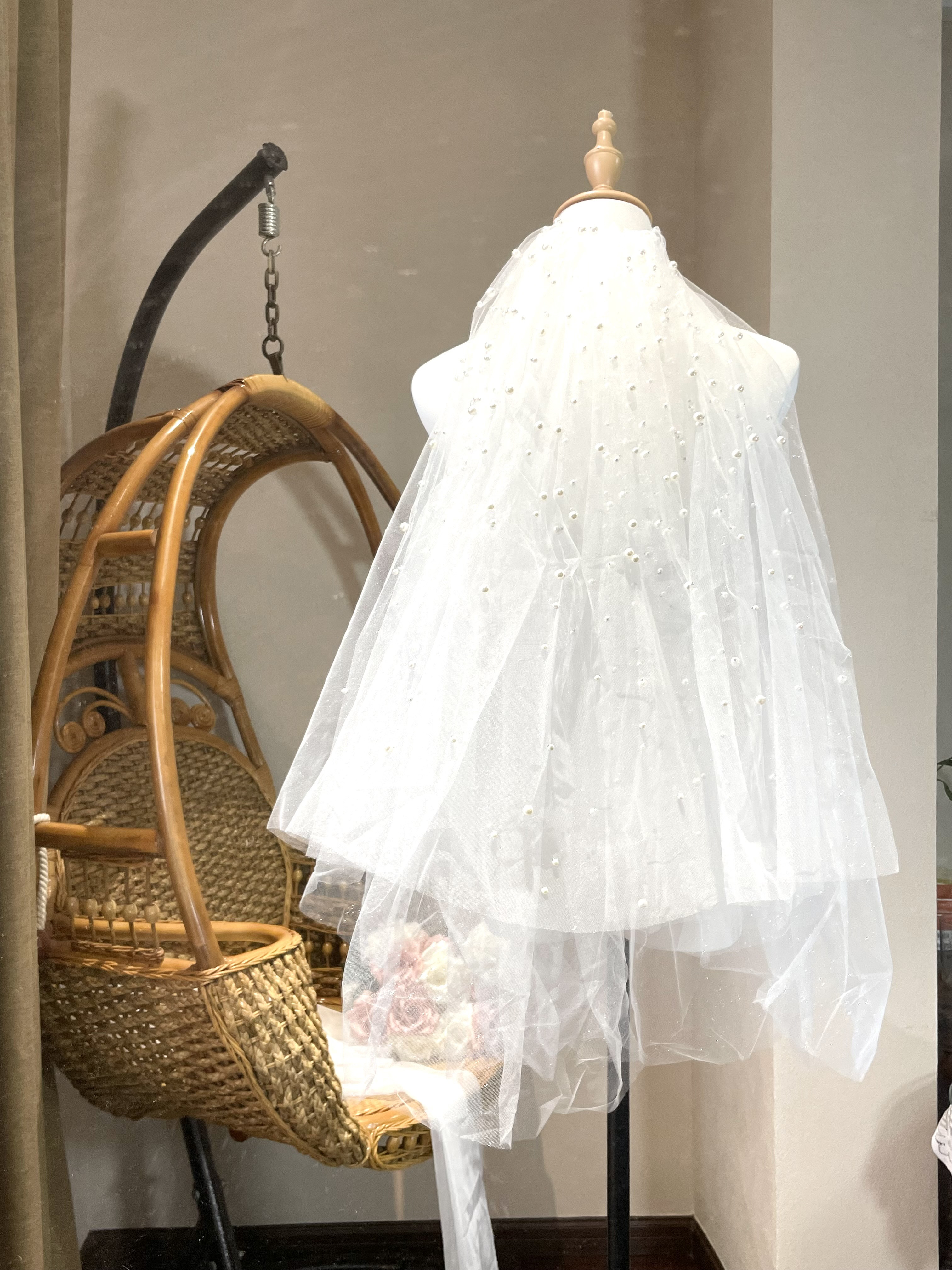 人気！マリアベール　可愛い　コーム付き　ミドルベール　きらきら　多層チュール　パールあり　フェイスアップ　花嫁/結婚式