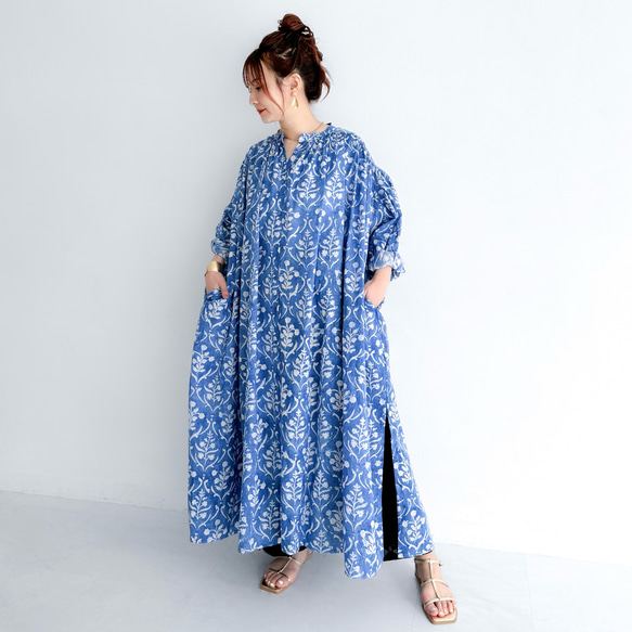 インド綿 ブロックプリントのロングシャツワンピース〔ブルー