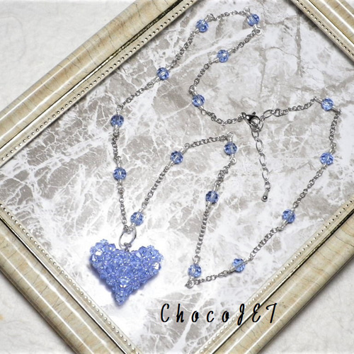 スワロフスキーハートネックレス スカイブルービーズクリスタル 青水色