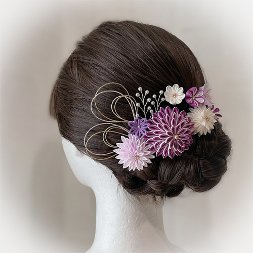 Alambre ヘアアクセ　結婚式　前撮り　郵送可能(＋料金) 成人式 髪飾り 正絹つまみ細工 | 紫 パープル 水引 和装ヘア