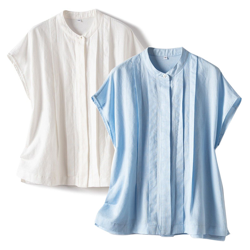 綿麻Tシャツ　前に大きめタックありTシャツ　スタンドカラー綿麻Tシャツ　2色　M-2XL　L418