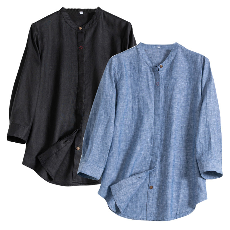 7分袖リネンシャツ　スタンドカラー100%リネンシャツ　4色　M-XL　L419