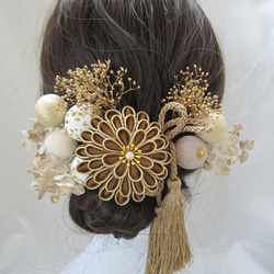 ちりめん細工 成人式 卒業式 髪飾り 受注制作】茶 金 成人式 髪飾り つまみ細工 ちりめん 卒業式 結婚式