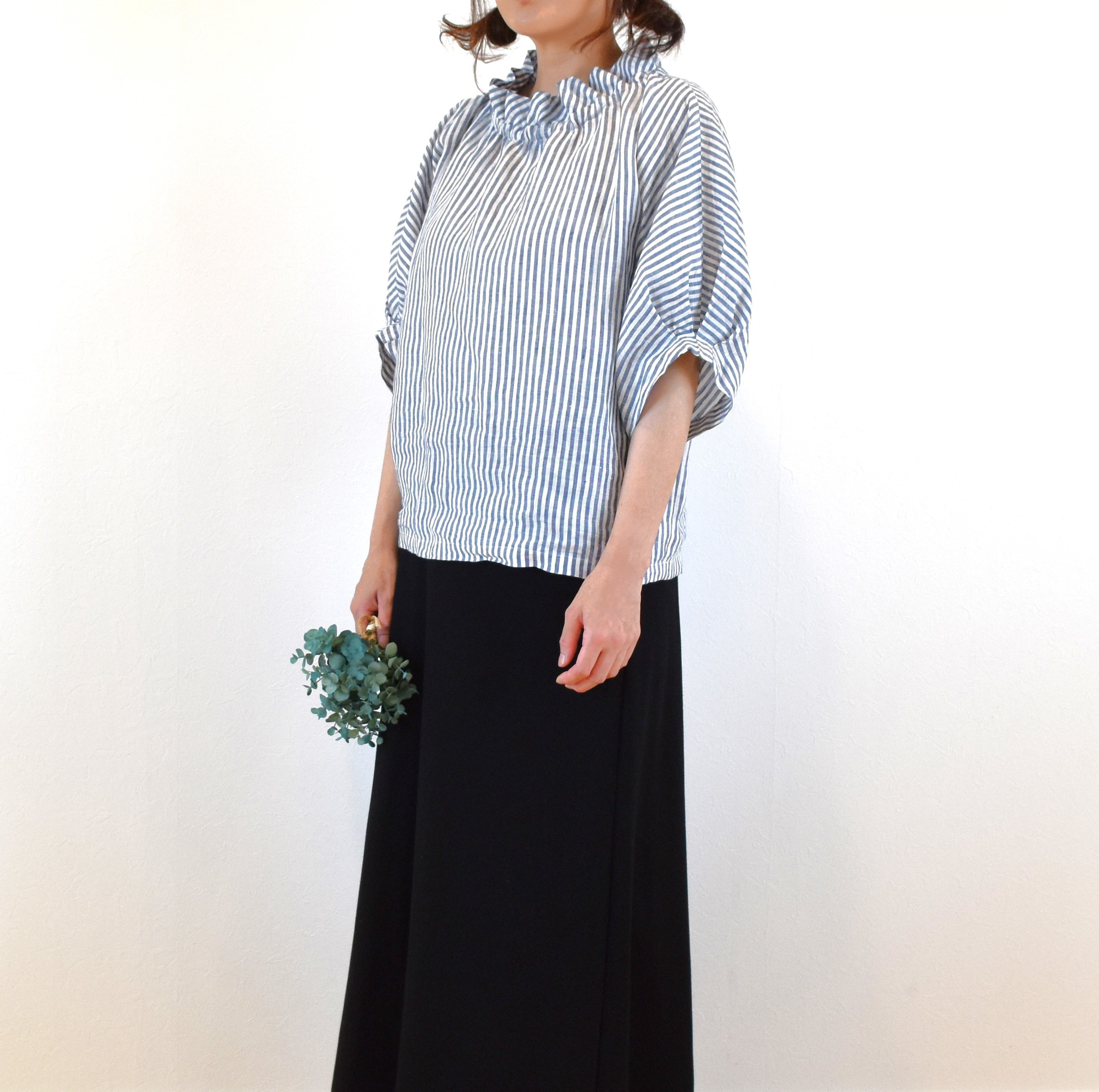 爽やかリネン100％ 2way フリル襟 パフスリーブ ブラウス/ストライプ 白＆ブルー