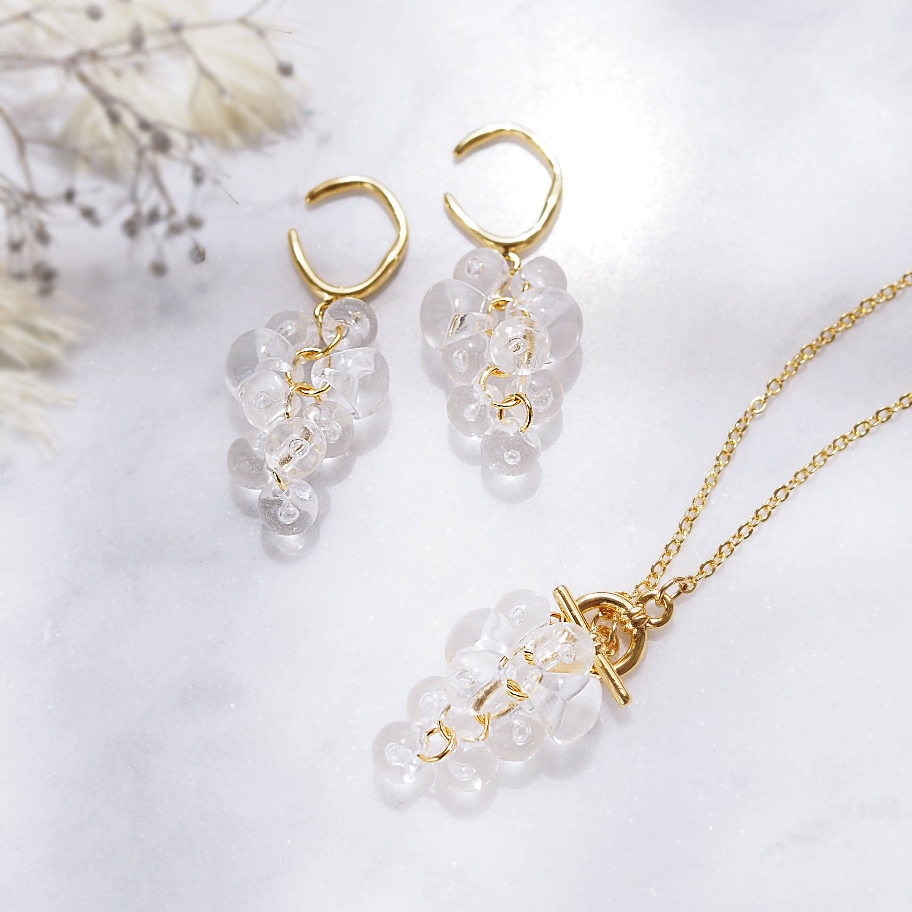 最高級鍍金 クリアバブルのイヤーカフ(両耳用)＆ネックレス セット【送料無料/セット割!】