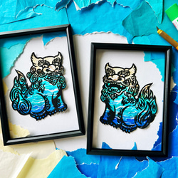 ちぎり絵×切り絵】原画アート 『nami-oto（波音）』沖縄シーサー《2枚