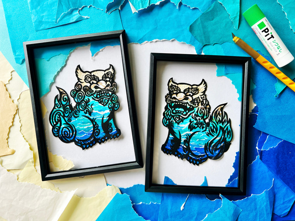 ちぎり絵×切り絵】原画アート 『nami-oto（波音）』沖縄シーサー《2枚