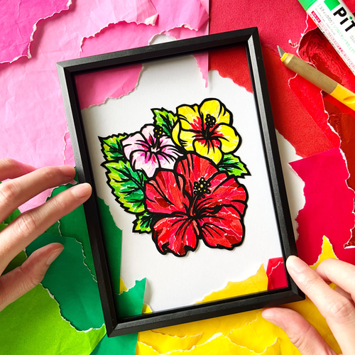ちぎり絵×切り絵】原画アート 『hi-biscus（ハイビスカス）』 絵画 紙