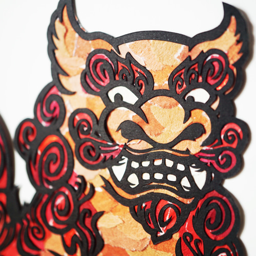 ちぎり絵×切り絵】shi-sa- -紅- 原画アート 沖縄シーサー 絵画
