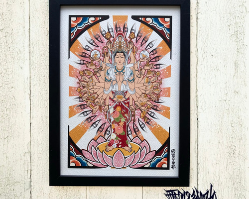 ろうけつ染め観音菩薩×昭和レトロ大判額縁　ヴィンテージ　骨董品　フレーム　布絵 ろうけつ染め観音菩薩×昭和レトロ大判額縁 ヴィンテージ 骨董品
