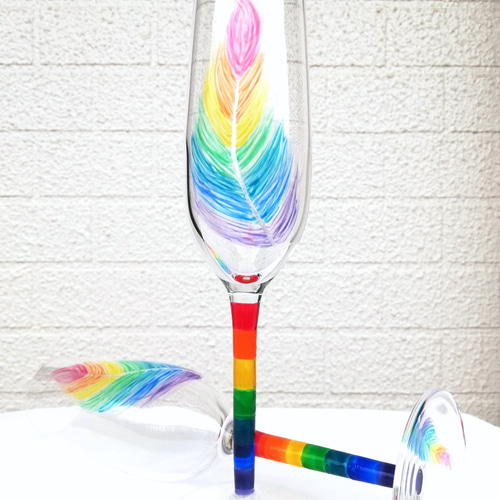 受注制作】レインボーフェザー・虹色の羽根が素敵なシャンパングラス