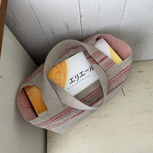 アンティークリネンマングルクロス 幅広の赤ラインのトート
