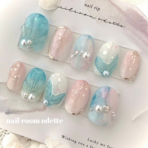 『最終値下げ』 ジュネル（アフターグロー） ネイルチップ 7セット ネイルチップ ブルーとピンクのシェルネイルチップ 人魚のしっぽ