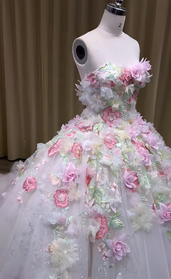 憧れのドレス！可愛い　ピンク　お花飾り　サイズオーダー可能　プリンセスライン　お姫様パーティードレス卒業式結婚式挙式前撮 