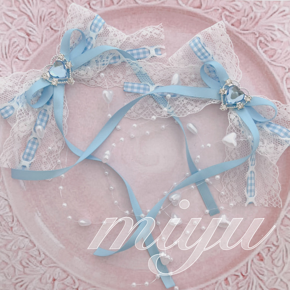 ヘアクリップ　Ｕピン（ガーランドリボン　水色）　ロリィタ　ヘアメ　担当カラー ヘアクリップ Uピン（ガーランドリボン 水色） ロリィタ ヘアメ 担当