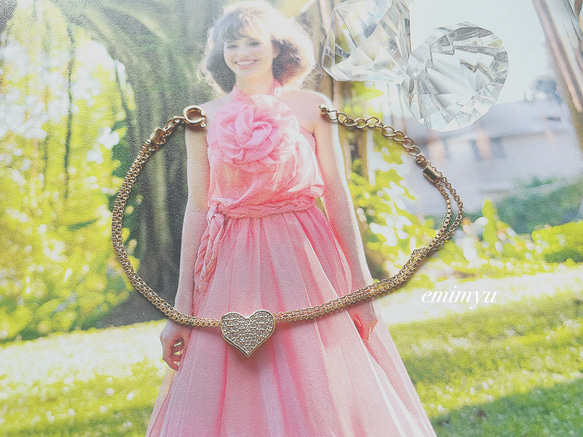 Zirconia Heart Double Chain Gold Bracelet 3枚目の画像