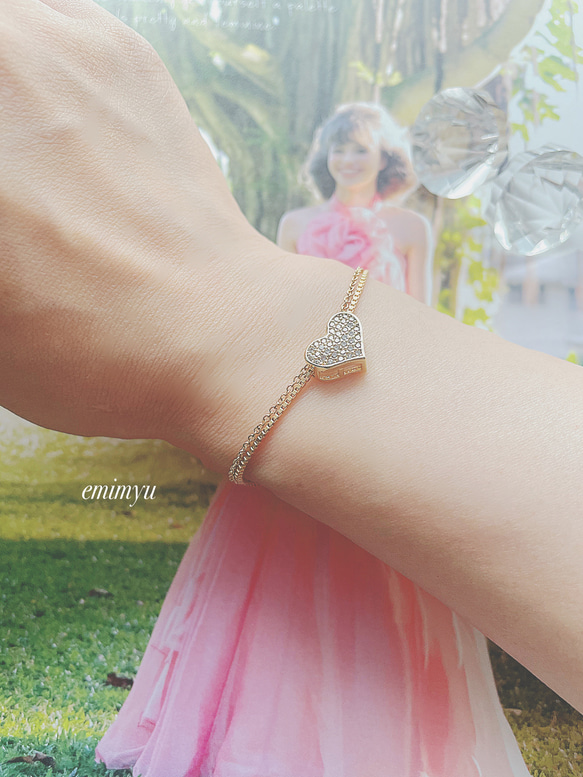 Zirconia Heart Double Chain Gold Bracelet 1枚目の画像