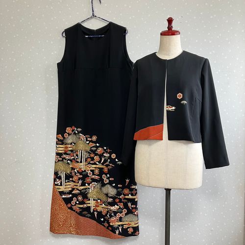 留袖　リメイク　ドレス　ワンピース　ボレロ付き 留袖ドレス ボレロ7分袖付き 着物リメイクワンピース 金彩