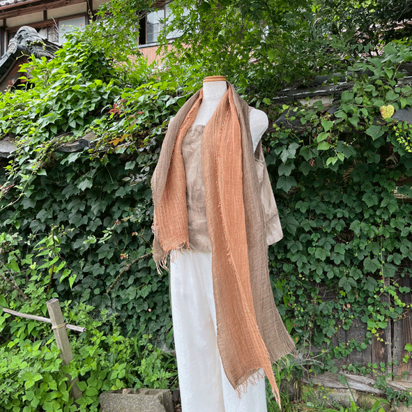 リネン二重織柿渋染めロングストールK24078
