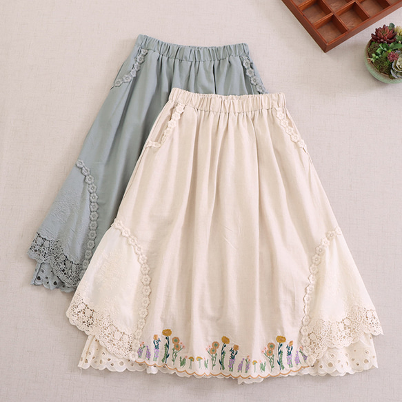 人気新作☆コットン100%☆花刺繡スカート】夏│レース│ウエストゴム