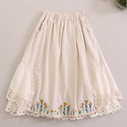 人気新作☆コットン100%☆花刺繡スカート】夏│レース│ウエストゴム  