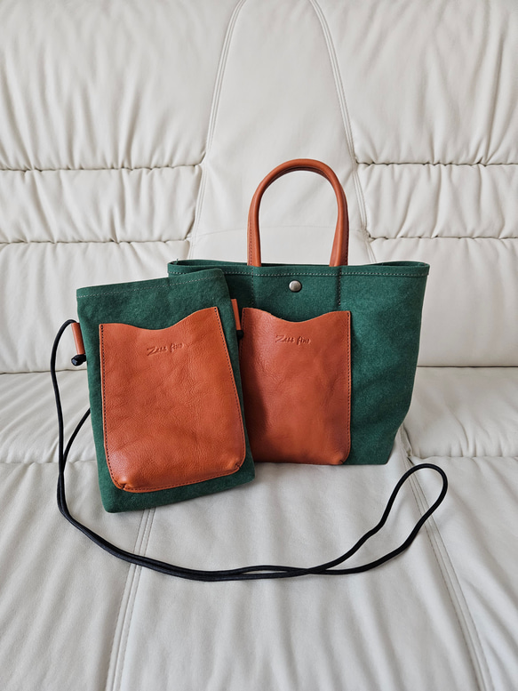 ハンドメイド　ヌメ本革　トートバック　クリーマ　ブルー　新品／未使用品　1015 Zess fino3周年記念祭 数量限定アイビーグリーン帆布と本ヌメ革