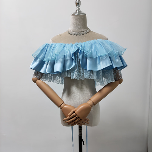 送料無料！オフショルダー 水色 可愛い ビスチェ 流れる透け花レース