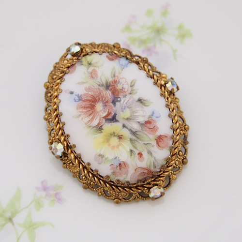 ヴィンテージ Unsigned Beauty アンティークゴールドトーン フラワー