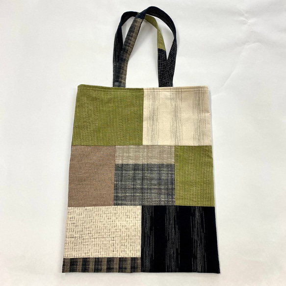 遠州織物】パッチワークのトートバッグ グリーン系 手提げ 裏付き