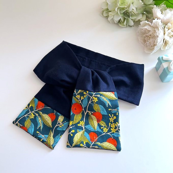 ブルー&ストライプ花柄特別仕立国内手作りネックウォーマー新品 