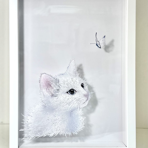 猫の切り絵＜猫と蝶＞A4or25cm角 プレゼント インテリア 動物