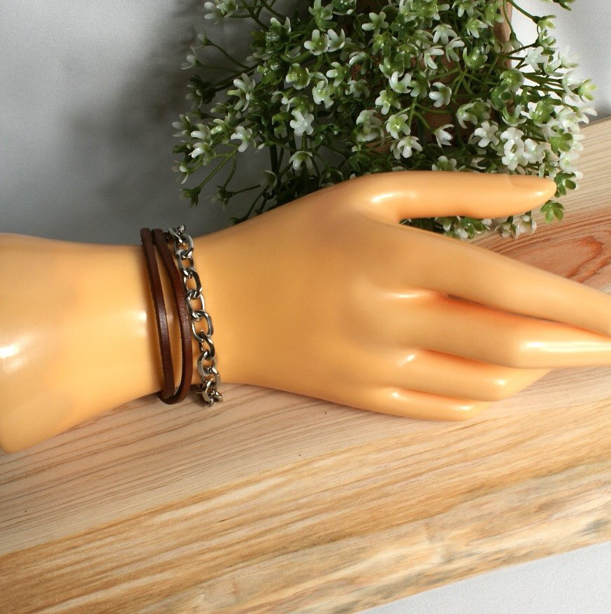 イタリアンレザー+サージカルステンレスチェーンブレスレット