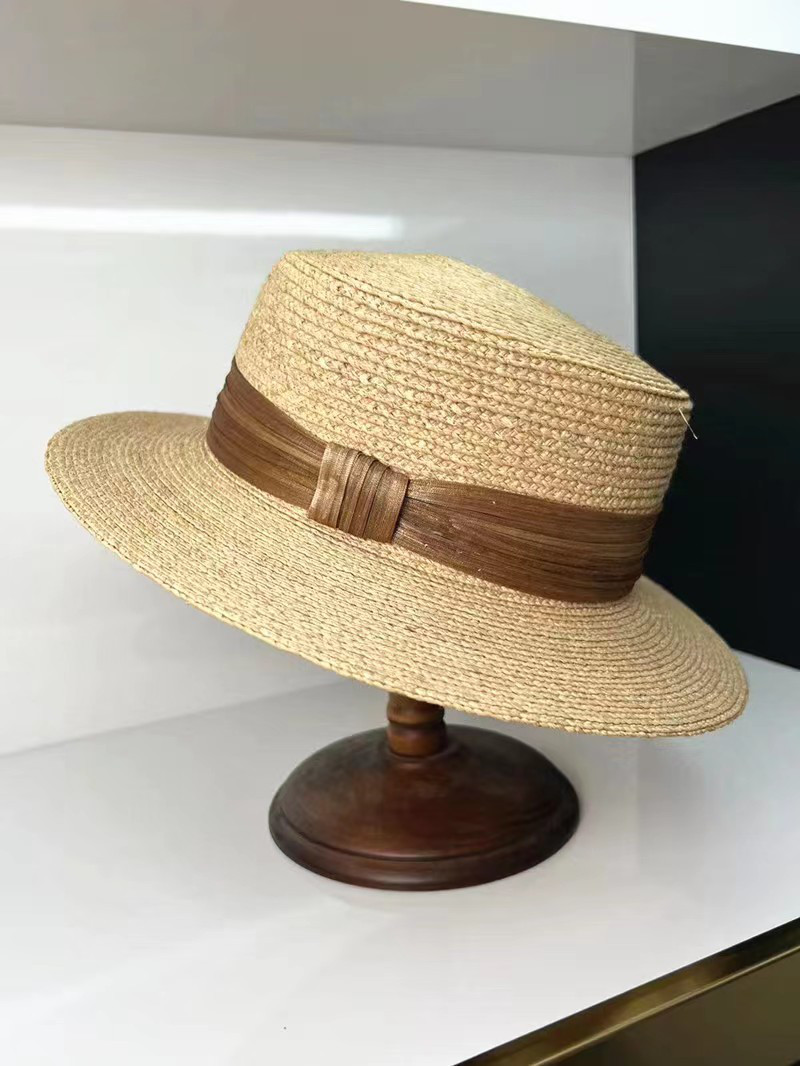 ラフィアハット、麦わら帽子 麻のリボンの夏帽子 大人 ストローハット、ミディアムブリム 日よけ・UV対策 サイズ調節可能