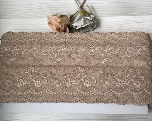 肌触りの良い日本製】ラッセルストレッチレース ベージュブラウン透け