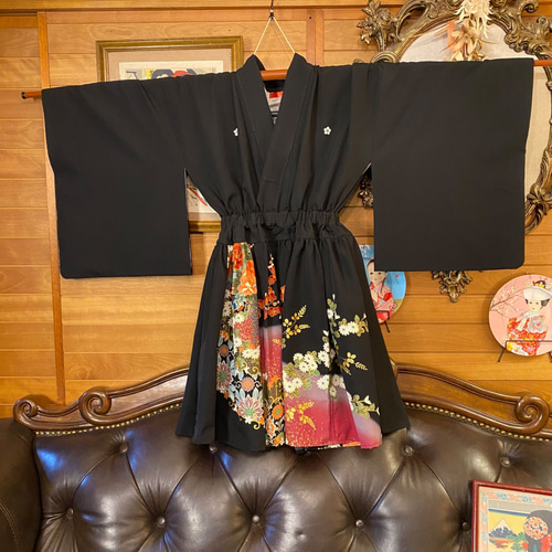 和洋折衷 黒留袖 着物 ミニ丈 ワンピース ドレス 2部式作り帯 和  